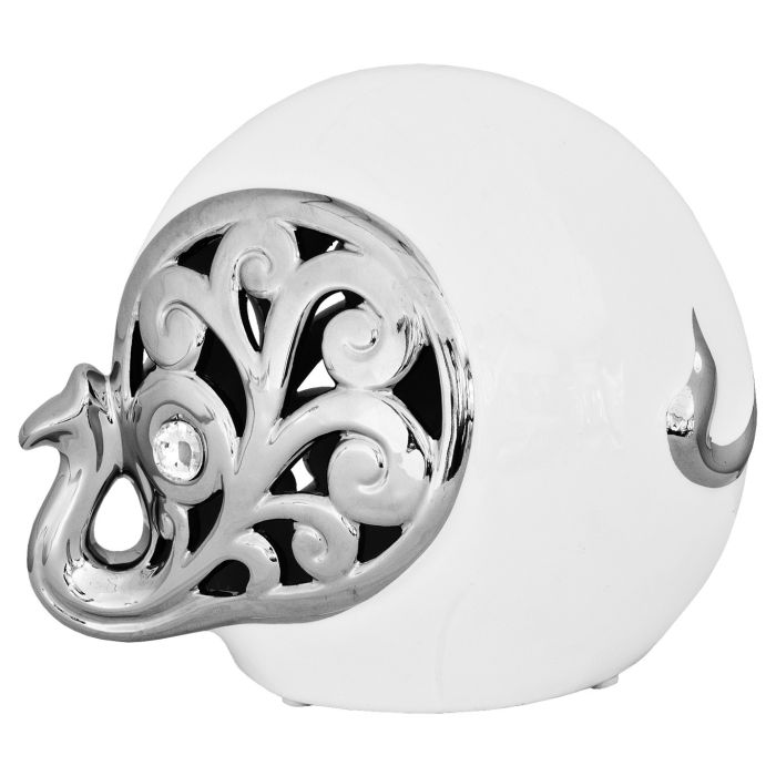 CERAMIC WHITE AND SILVER ELEPHANT (CURLED TRUNK)