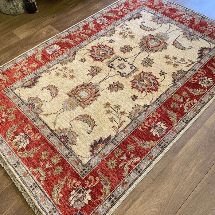 Afghan Ziegler Hand-knotted Wool Rug - Cream/Brick Red 127 x 193 cm