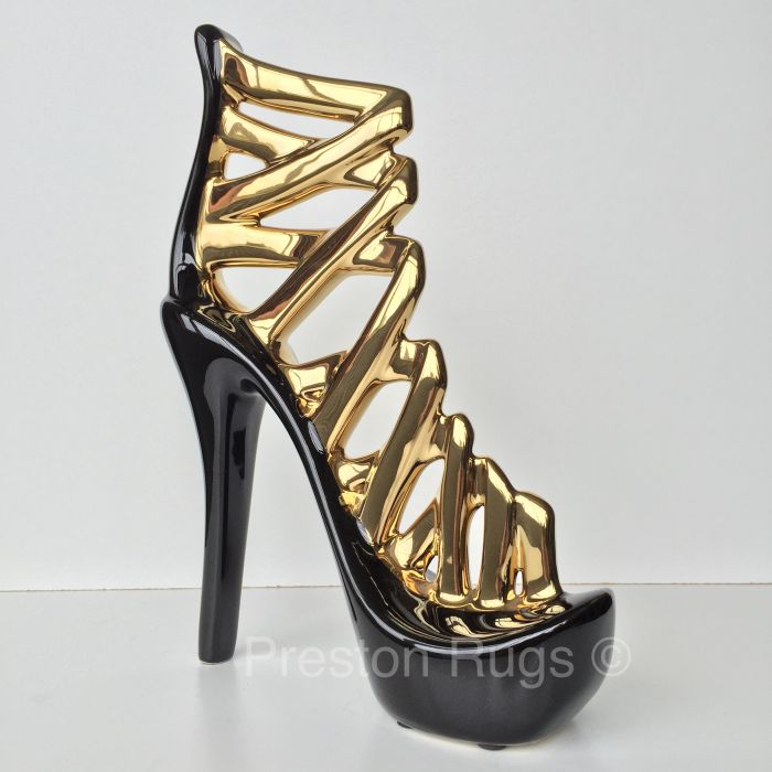 Medium Black Gold Stiletto Shoe Ornament Fired Ceramic 26cm