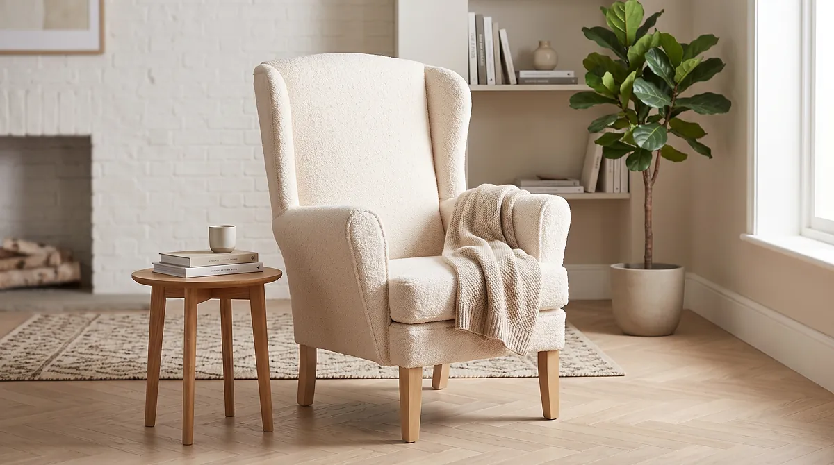 Bakewell wingback armchair in cream bouclé fabric in a living room