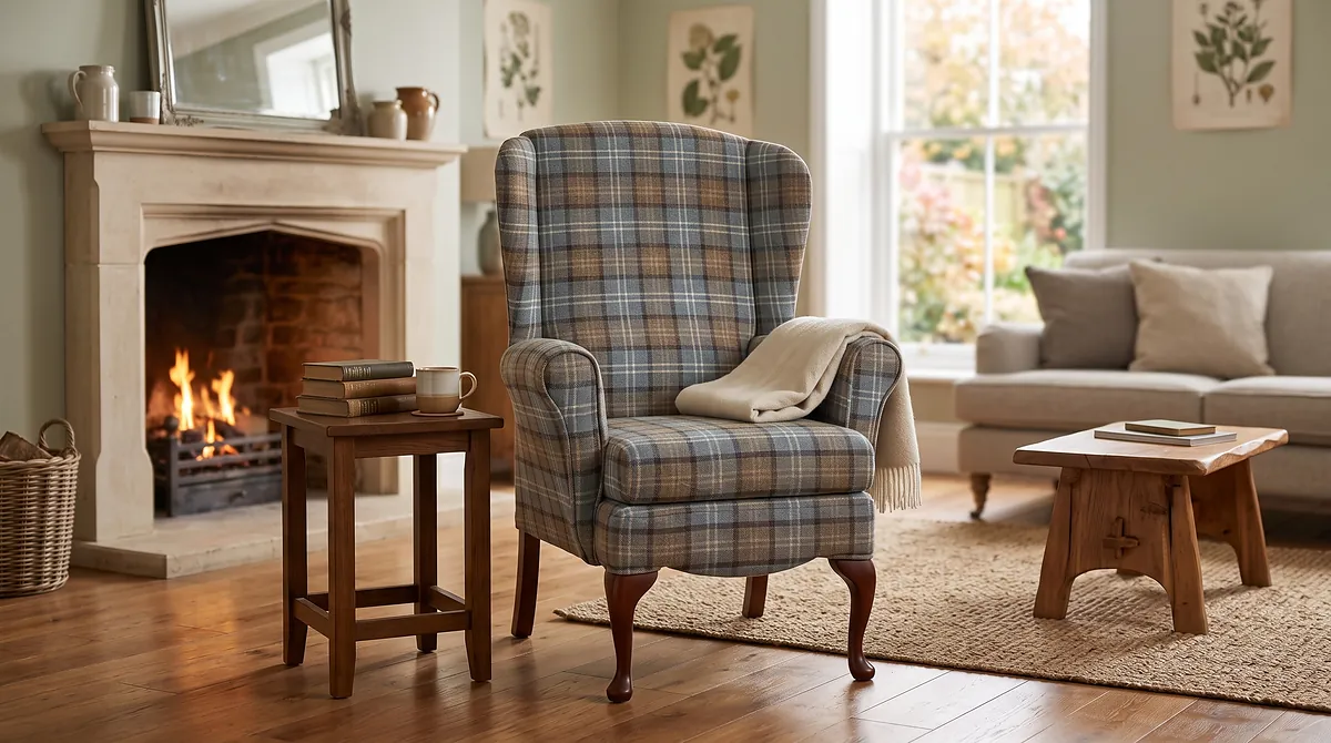 Glencoe wingback fireside chair in tartan fabric in a living room