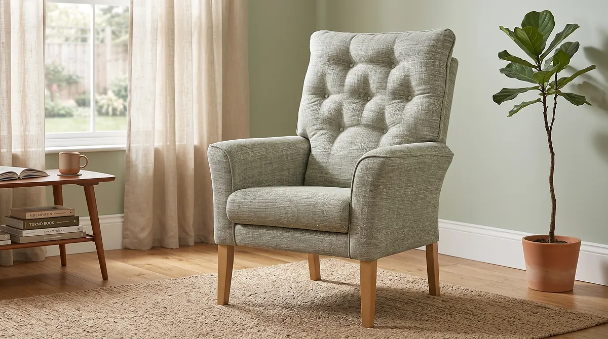 Kendal high seat armchair in sage green with a button back