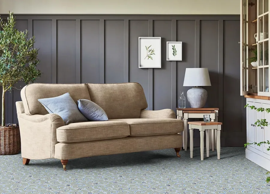 Ulster Anatolia Scroll Aswan carpet in a panelled sitting room