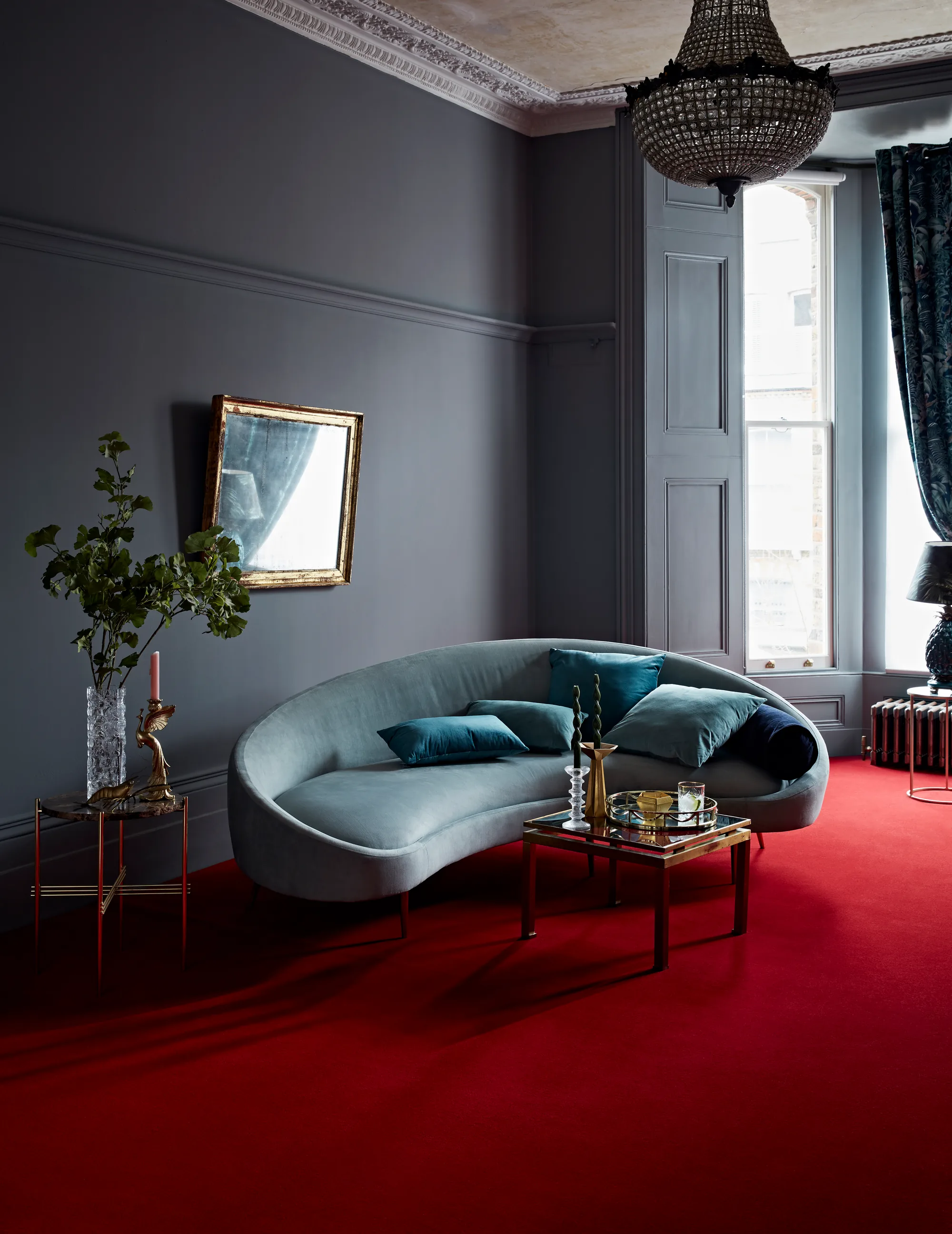 Brintons Velvet Collection Audrey Red carpet in a grey drawing room
