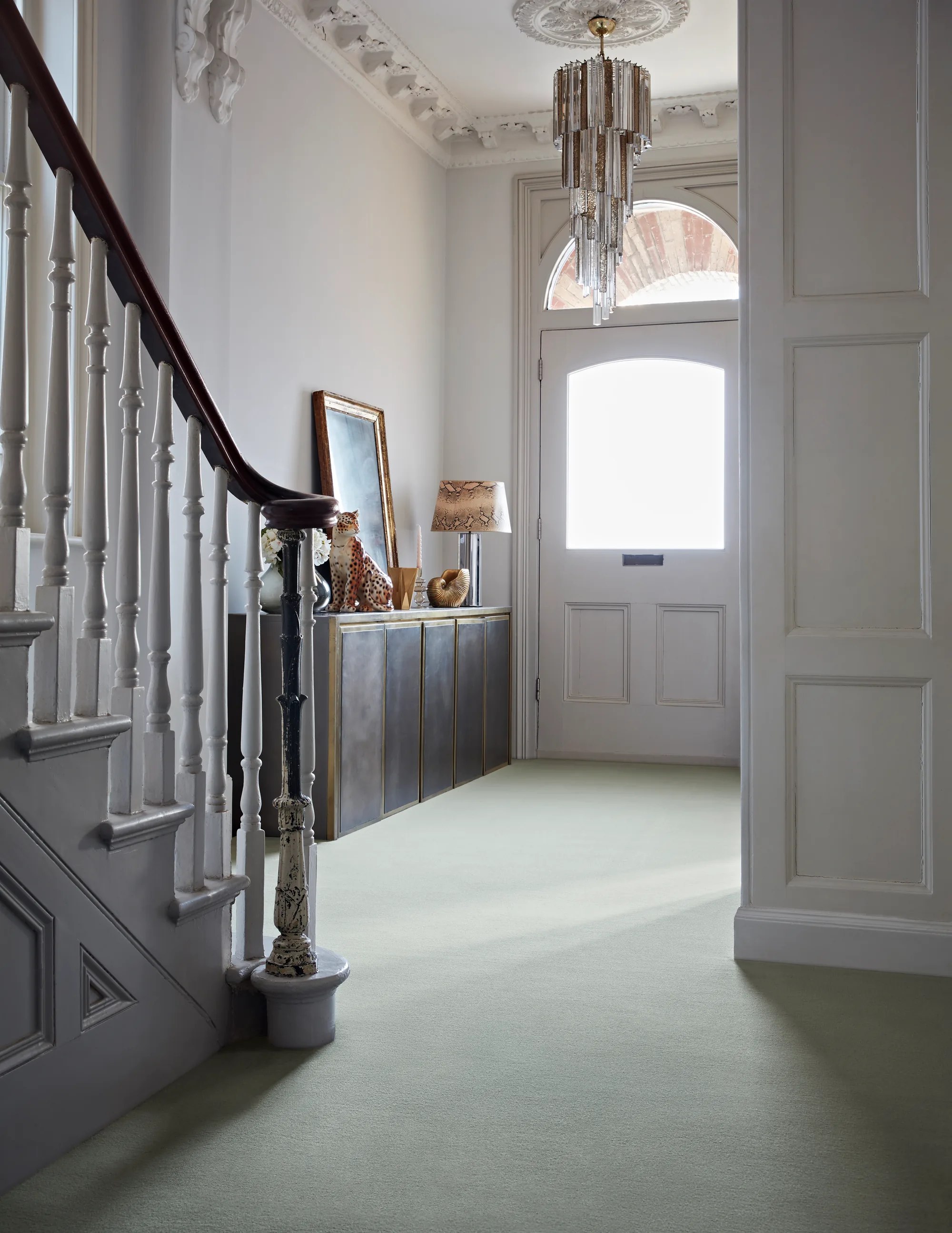 Brintons Velvet Collection Elizabeth Sage carpet on a hall staircase