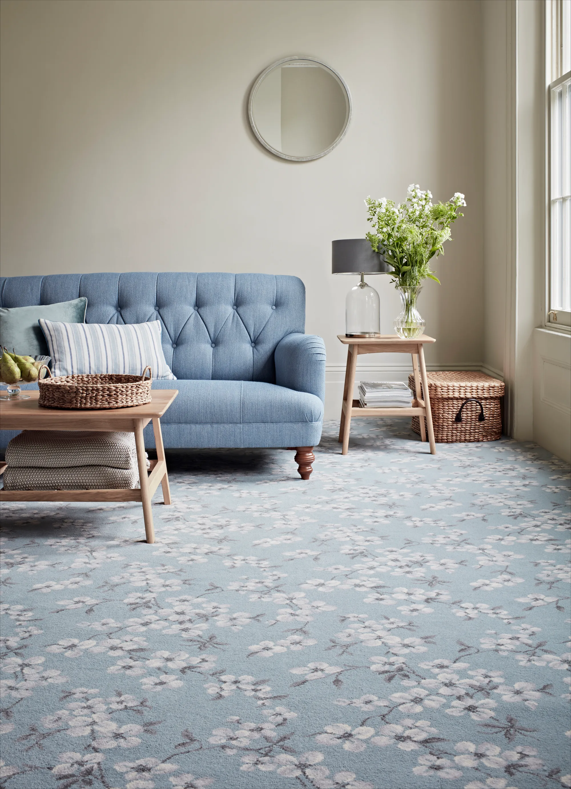 Laura Ashley Iona Duck Egg floral carpet by Brintons in a sitting room