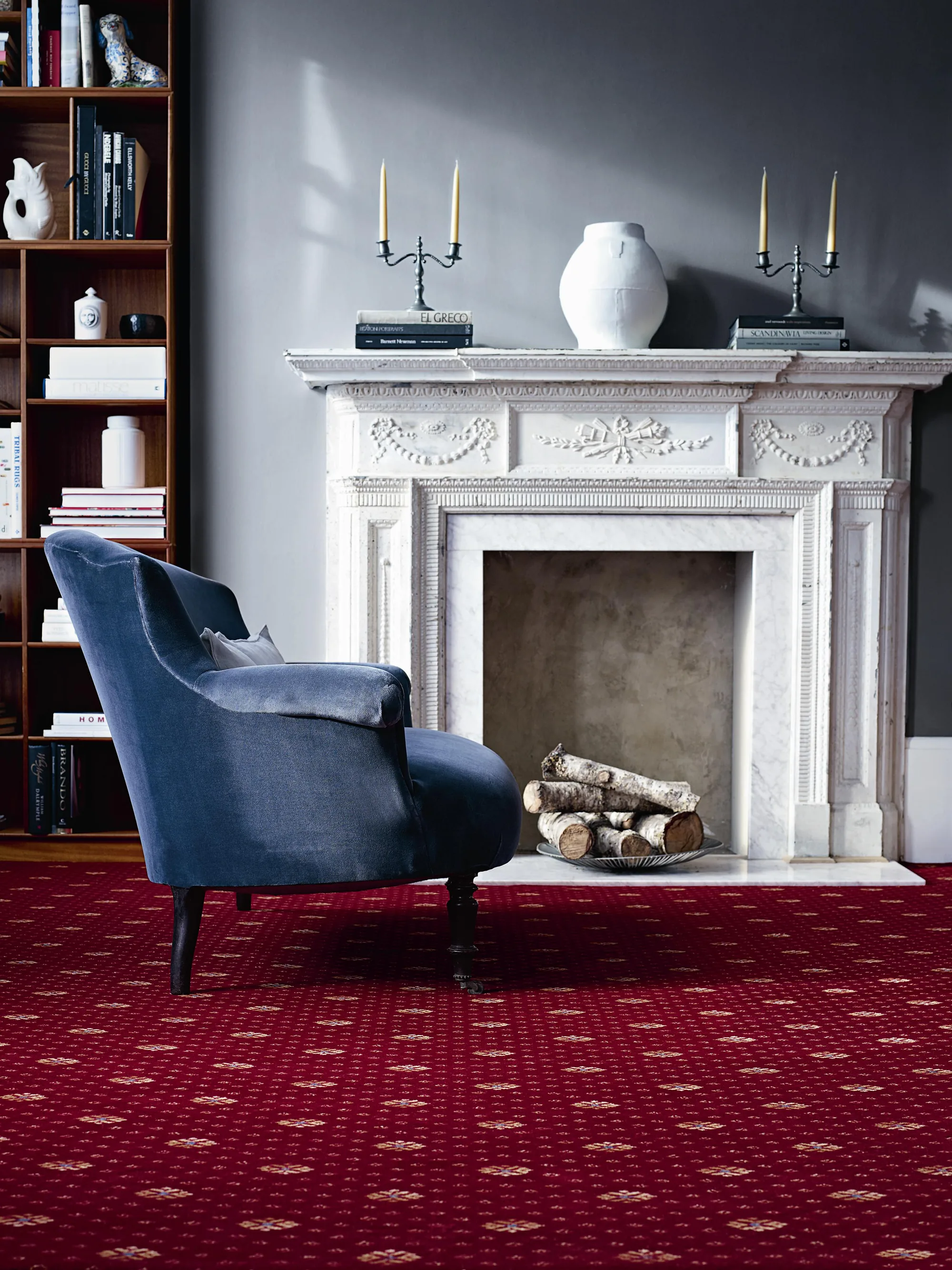 Brintons Royal Marquis Regal Red Flake carpet in a sitting room with fireplace
